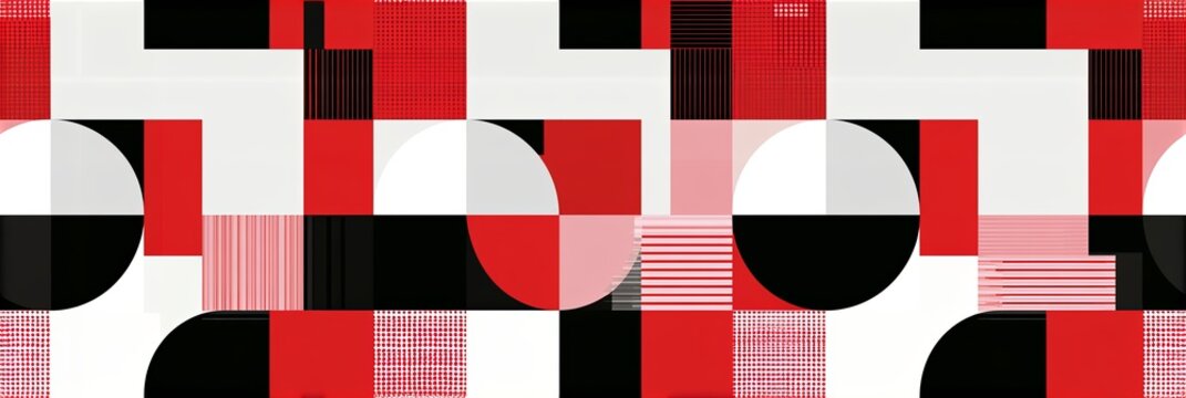 Abstract geometric seamless pattern with black red white shapes.  Modern minimalist repeating design showcasing geometric shapes