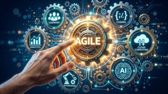 Agile methodology concept with glowing gears and icons. Digital transformation and software development process. Hand touching futuristic interface.