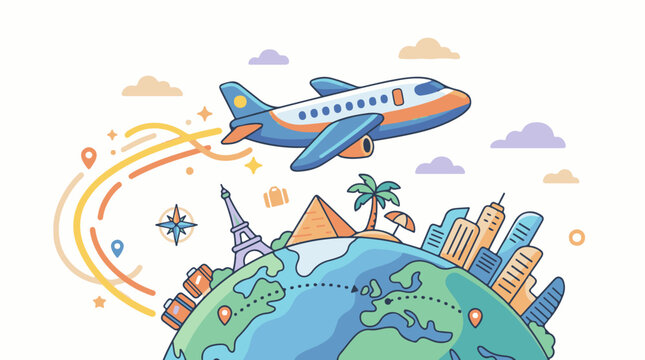Colorful illustration of a plane flying over the globe with landmarks