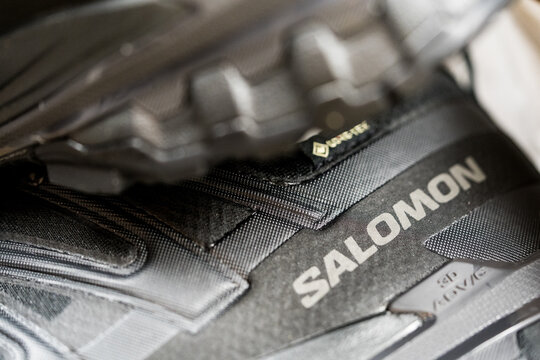 Bangkok, Thailand - July 3, 2026 : A logo in Salomon XA Pro 3D V9 Wide GTX in Black and  logo of 3D Advanced