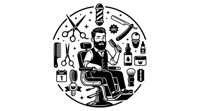 Barber shop circular logo design with tools and bearded man.