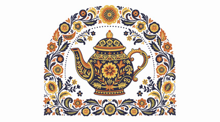 Naklejka premium Decorative Teapot with Floral Folk Art Border