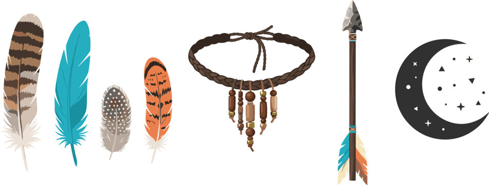 Boho tribal elements vector set with colorful bird feathers beaded choker necklace hunting arrow and crescent moon with stars isolated on white background