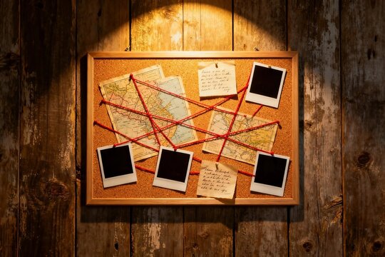 Mystery board with maps and notes on wooden wall