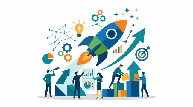 Colorful business growth and success elements with rocket launch