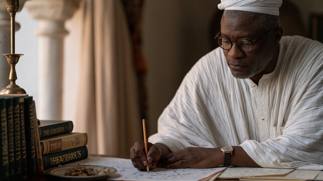 Nigerian crossword compiler at a desk surrounded by thesaurus volumes setting a cryptic puzzle grid, pencil marks and wordplay annotations covering draft sheets, a half-eaten