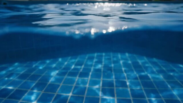 Sunny pool water surface showing blue ripples and underwater tile reflections.