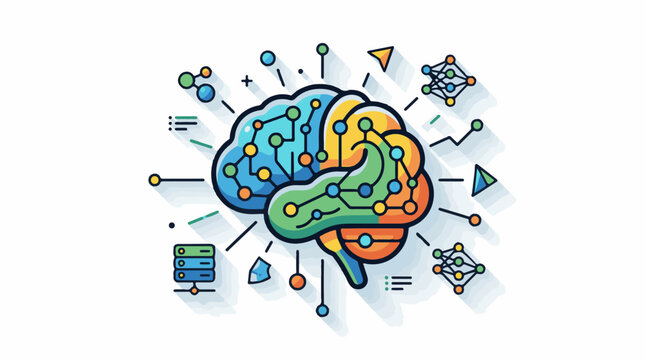 Colorful brain graphic with network nodes and data servers