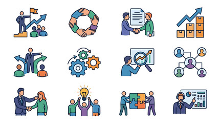 Fototapeta premium Sleek Colorful Business Strategy Icons Showcasing Teamwork Growth Innovation and Analytics in Modern Workplace