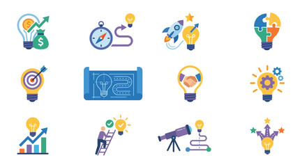 Fototapeta premium Professional Colorful Set of Business Strategy Innovation and Growth Concepts with Lightbulbs and Icons