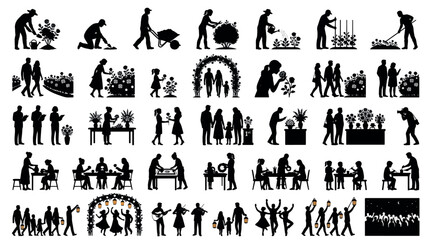 Obraz premium Complete Rose Festival Timeline Silhouettes Sets Pack, Editable Vectors Strokes Illustrations. containing silhouette, garden, people, flower, nature, icon and mores Rose Festivals silhouettes.