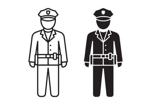 Black and white police officer icons with belt and hat Vector, illustration
