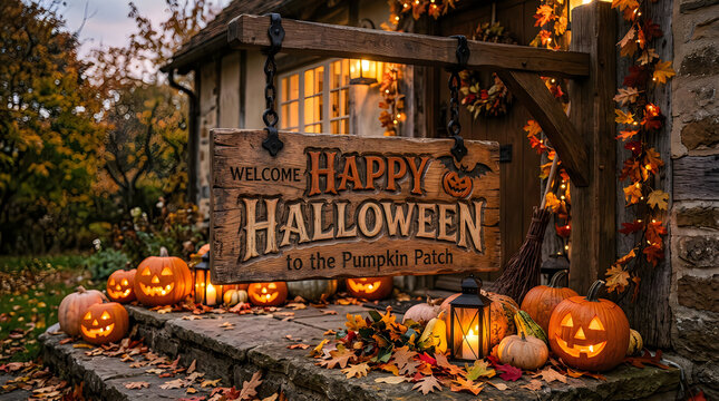 Festive halloween pumpkin patch entrance illuminated jack o' lanterns and welcoming sign for autumn holiday decor