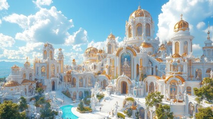 Obraz premium Opulent white and gold fantasy palace with blue pool