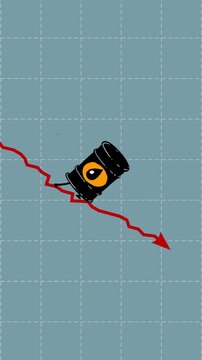 Barrel of oil equivalent rate still goes down vertical seamless loop. Walking down petroleum fuel symbol animation. Cartoon character animated falling fast funny business animation background diagram.
