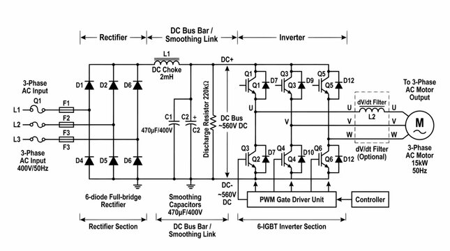 Detailed schematic of a three-phase variable frequency drive circuit illustrating power conversion and motor control stages for industrial applications