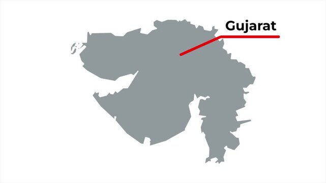 Gujarat India map animation featuring a minimalist gray state silhouette with a red callout line and blinking target location dot on a white background