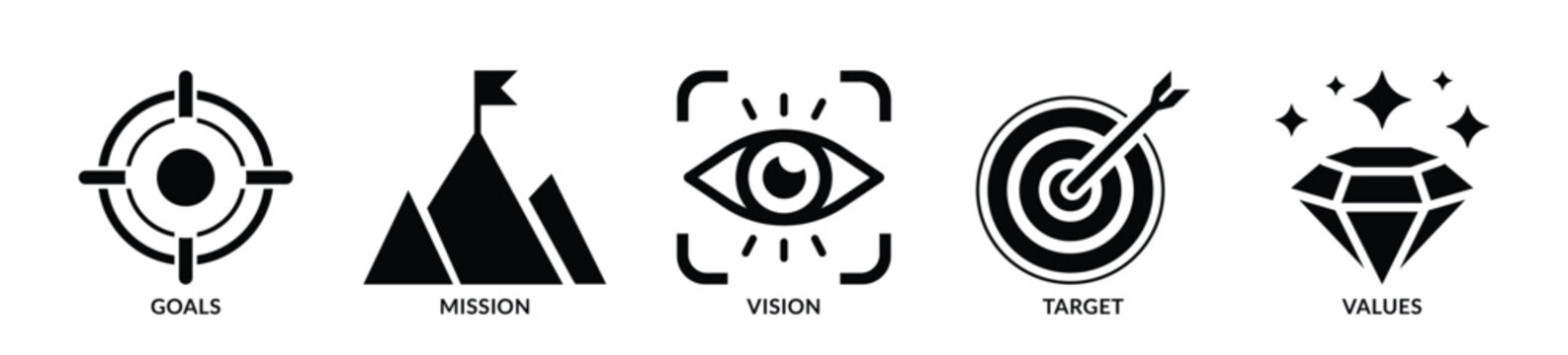 Mission, vision and values icon set. Set of Goal, mission vision and values icon - Stock Vector 