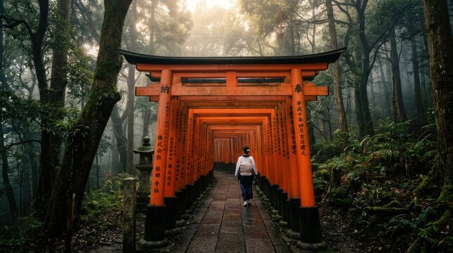 Woman Walks Through Tunnel of Vibrant Orange Torii Gates in Japanese Forest.
