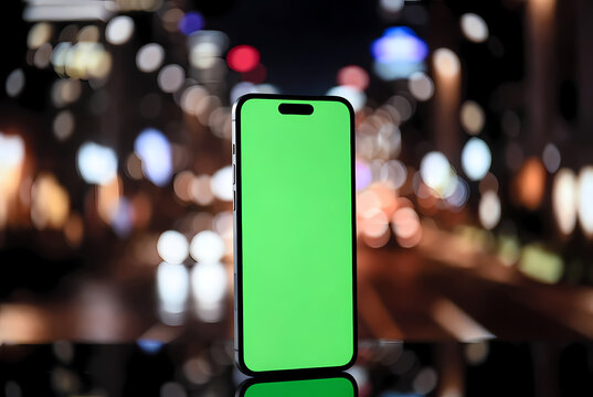 A smartphone with a green screen stands on a reflective surface against a blurred cityscape at night