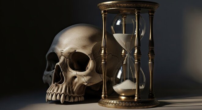 Skull and hourglass symbolic representation of time and mortality