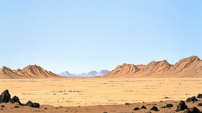 A vast, flat expanse of sandy terrain stretches to distant, textured, ochre mountain ranges under a clear sky