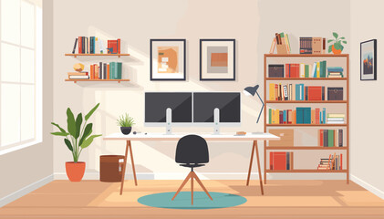 A bright and organized home office setup with dual monitors, bookshelves, and a large window casting sunlight. © JUN