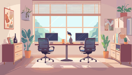 Fototapeta premium A bright and airy modern office space with two computer workstations, abundant natural light, and numerous potted plants.
