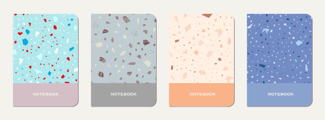 Naklejka premium Notepad cover design. Terrazzo abstract background made of natural stones, granite, quartz and marble. Venetian terrazzo texture notepad cover template.