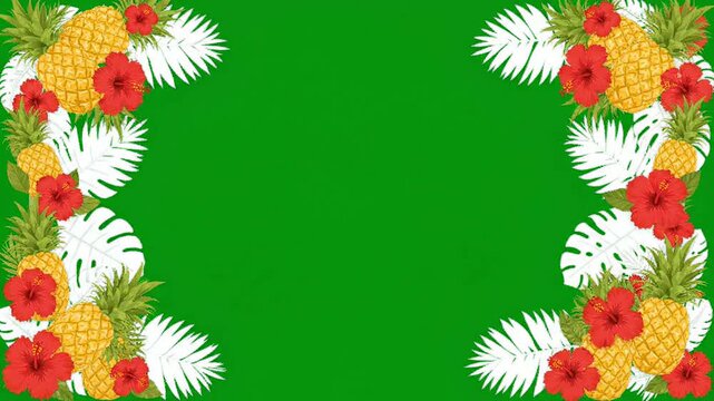 Tropical pineapple and hibiscus flower border frame with green background for summer event invitation design and exotic travel promotion motion graphics template