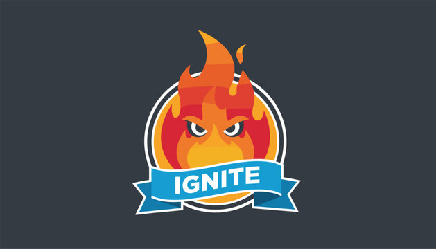 Burning flame character mascot logo with an angry face inside a circle and a blue ribbon banner with text ignite.