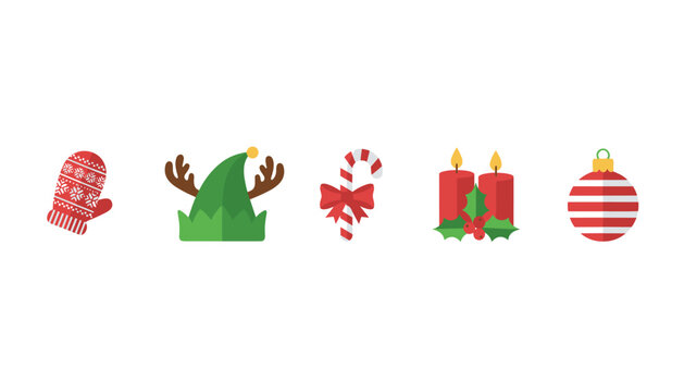 Simple flat icon set of five classic Christmas decorations including an elf hat, candy cane, and candles.