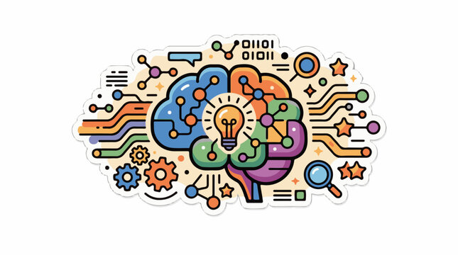 Colorful illustration of a brain with digital connections and an idea bulb