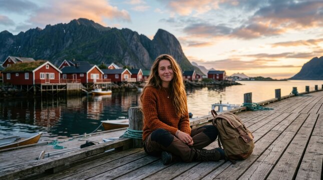 Young Woman Enjoys Scenic Sunset in Picturesque Norwegian Fishing Village.
