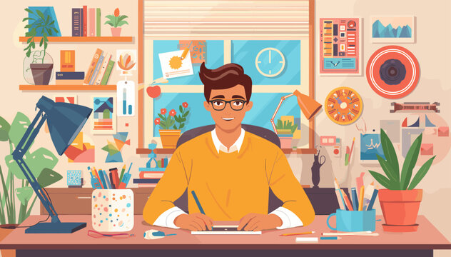 An illustration of a young man wearing glasses and a yellow sweater, sitting at a cluttered desk in a vibrant home office, surrounded by creative tools and plants.