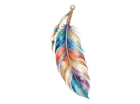 Boho Feather Watercolor Painting Isolated White Background Colorful Tribal Plume Pattern Beads Native American Ornament Illustration Art Design