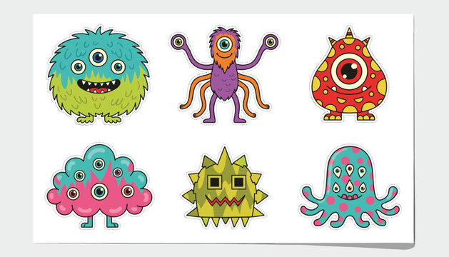 Cute cartoon monster sticker set featuring six different funny alien creatures with multiple eyes and tentacles.