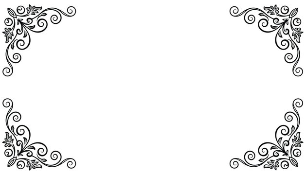 Elegant vintage black hand-drawn floral ornaments decorating the four corners of a blank white background frame.