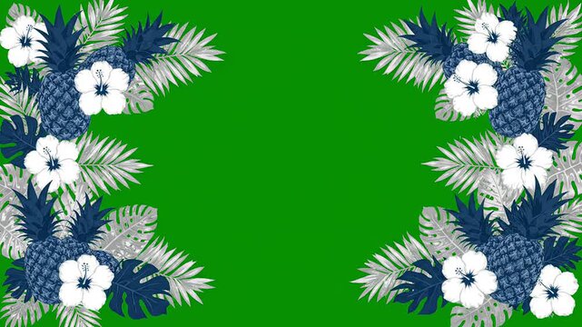 Tropical pineapple hibiscus foliage border animation on green screen background for video compositing overlay and floral frame design with exotic summer plant motif