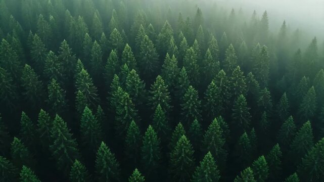 Aerial view of dense evergreen forest shrouded in mist  Cinematic slow drone flight 