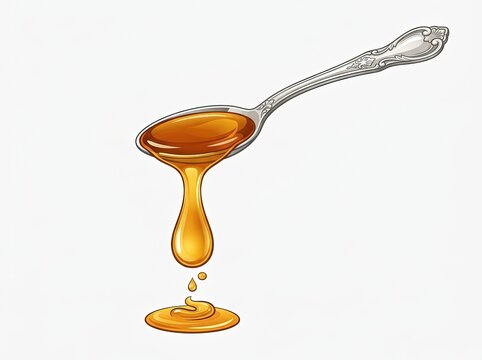Honey Dripping from Silver Spoon Isolated White Background Sweet Golden Nectar Pouring Splash Drizzle Drop Food Vector Illustration Graphic Art