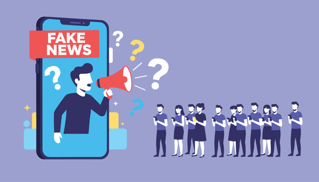 Illustration depicting fake news propagation through mobile devices as people read misinformation broadcasted with a megaphone.