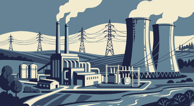 Industrial power plant emits smoke near transmission towers