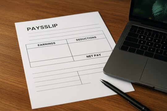 Payslip template with empty fields for earnings, deductions, and net pay next to laptop and pen on wooden desk background. Ai generative. Ai generative