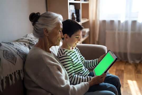 An elderly woman and a young boy sitting on a couch together looking at a tablet