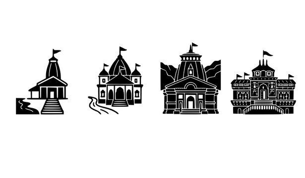 Char Dham Temple Black Silhouette Vector Icon Set with Kedarnath Badrinath Gangotri and Yamunotri Landmarks