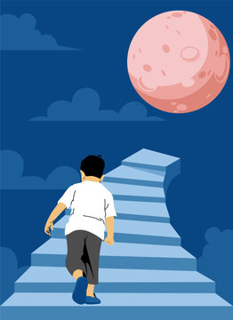 Boy Ascending Stairs Towards Moon