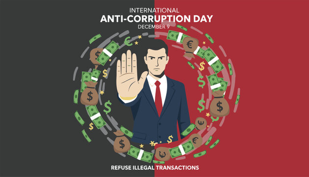 Businessman showing stop hand gesture with swirling money around him to promote international anti corruption day on december ninth.