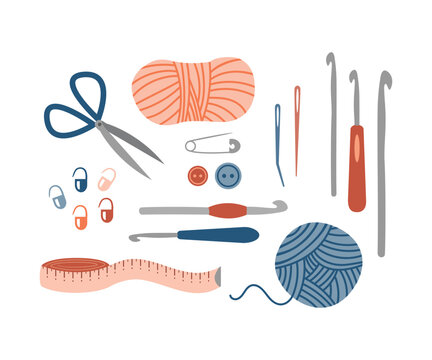 Crochet tools and equipment set &ndash; flat vector illustration of yarn, crochet hooks, measuring tape, stitch markers and other DIY craft supplies.