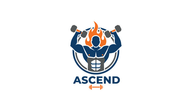 Gym fitness logo showing a powerful muscular man holding dumbbells with fire flames background and the word ascend.